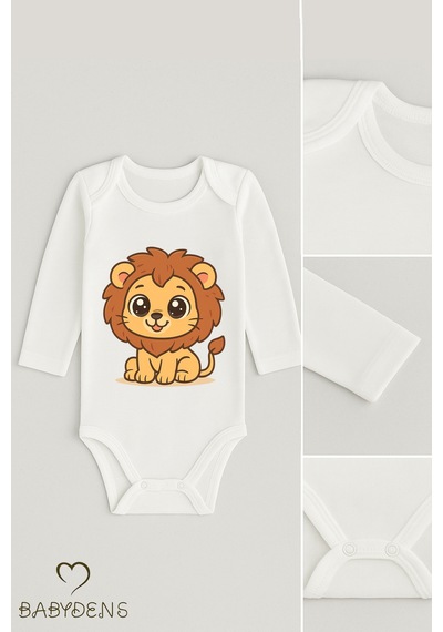 Babyden's Sevimli Hayvan Figürlü %100 Pamuk Uzun Kollu Çıtçıtlı Bebek Body Aslan Beyaz