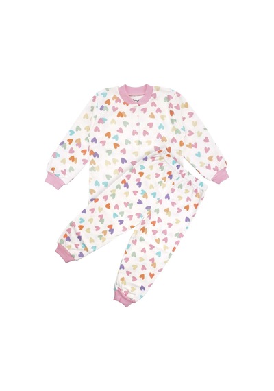 Bebegen Kız Çocuk Ekru Pembe Renkli Kalpli Desenli Çıtçıtlı Pijama Takımı Çok Renkli