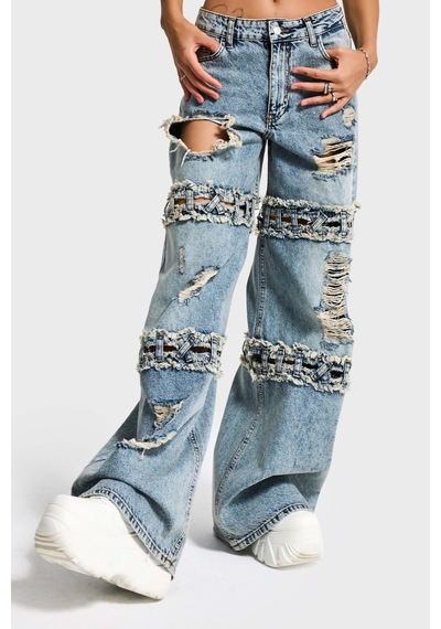 it's basic Kadın Kot Rengi Palazzo Fit Yırtık Detaylı Tasarım Denim Jean Mavi