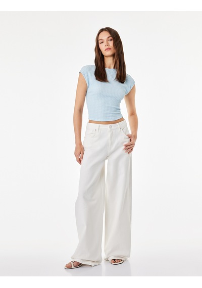 Koton Bürümcük Kumaş Dokulu Slim Fit Kolsuz Sırt Detaylı Crop Tişört Mavi 6sak50421ek