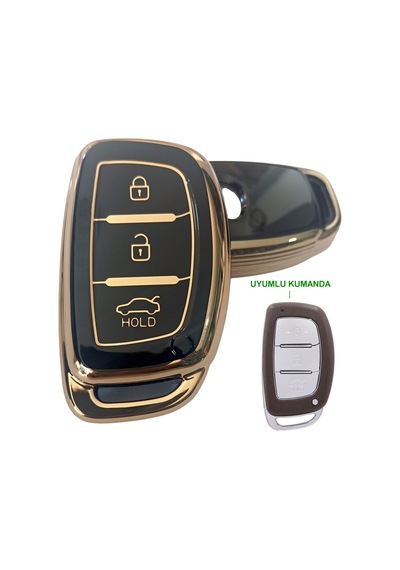 Hyundai Anahtarsız Çalıştırma Tucson Bayon Elantra Uyumlu Kumanda Anahtar Kılıfı Oto Anahtarlık Siyah Gold
