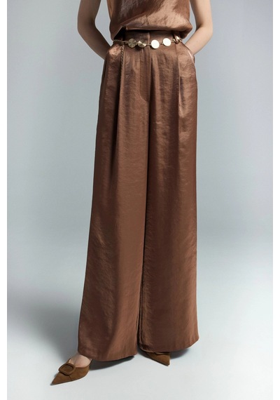 Sateen Yüksek Bel Aura Pantolon Kahverengi Bordo