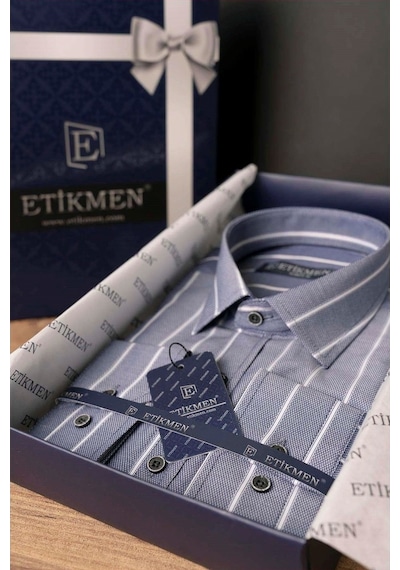 Erkek Gri Beyaz Çizgili Slimfit Kutulu Gömlek Beyaz - Gri
