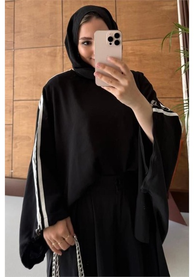 Neşeli Butik Kadın Siyah Şerit Detaylı Oversize Tunik Pantolon İkili Tesettür Takım Nms102