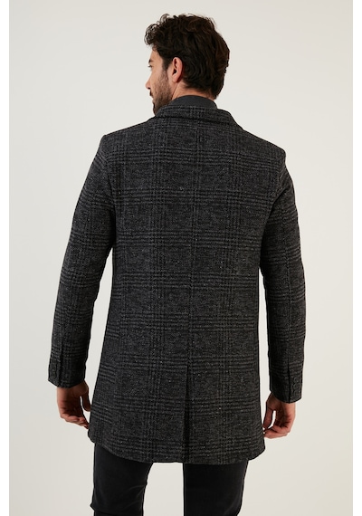 Buratti Slim Fit Tek Yırtmaçlı Düğmeli Mono Yaka Kaşe Erkek Kaban 5840098 Antrasit Ekoseli