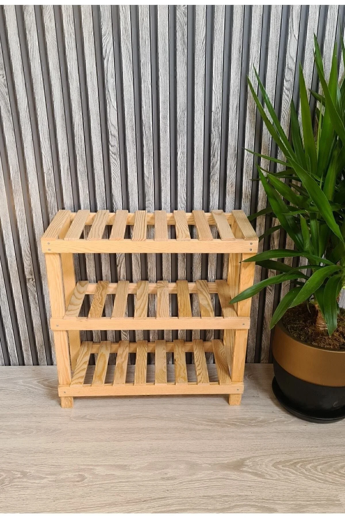 Ahşap Dekoratif 3'lü Doğal Ahşap Ayakkabılık, Antre, Balkon Düzenleyici Raf