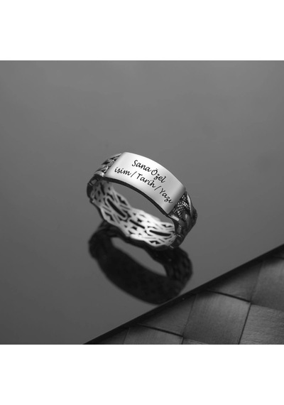 İpek Silver 925 Ayar Gümüş Motifli Üstü Kişiselleştirilebilir Erkek Yüzüğü Çok Renkli