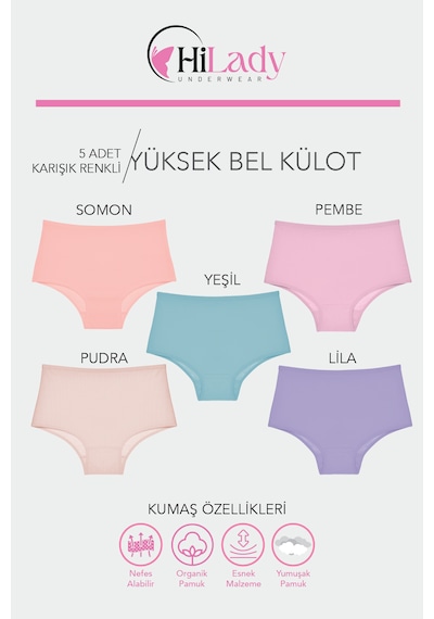 Kadın Külot, Çok Renkli Yüksek Bel Külot, Pamuklu Yumuşak Kumaş, Çoklu Paket, Karışık Renkli Açık Pembe
