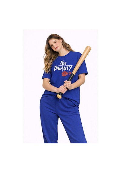 Sevgili Kombini Her Beast His Beauty Oversize Çift Tişört Unisex Lacivert