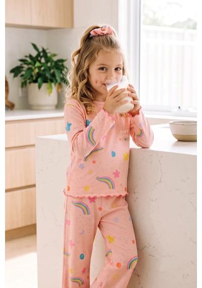 Zuzunga Kız Çocuk Gökkuşağı Desenli Beybi Overlok Somon Pijama Takımı Toka Hediyeli