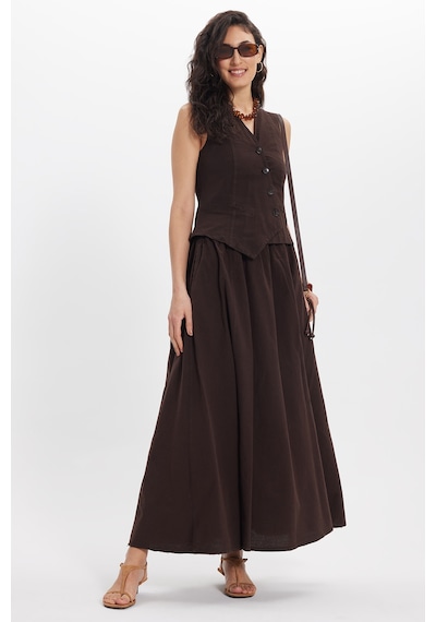 Tudors Kadın Slim Fit Dar Kesim %100 Pamuk V Yaka Çift Cepli Kahverengi Etek Yelek Takım-50457