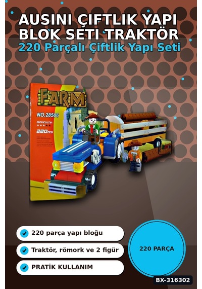 Ausini Çiftlik Yapı Blok Seti 220 Parça - Traktör Ve Römorklu Çocuk Oyuncak Bx-316302