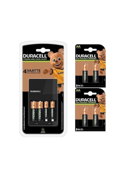 Duracell HR6/DX1500 2500 mAh AA Şarj Edilebilir Kalem Pil 2 x 2'li + CEF-14 Şarj Cihazı