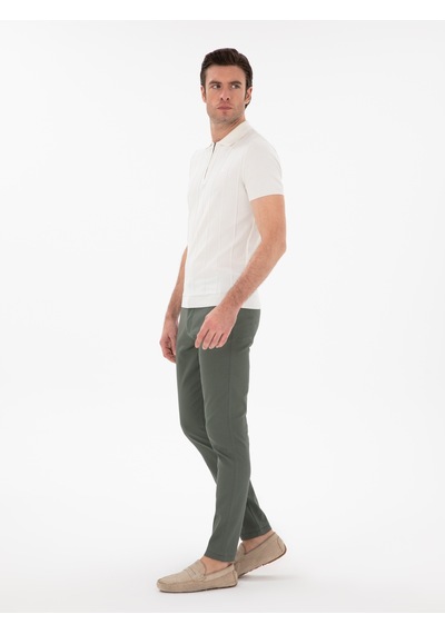 Cacharel Yeşil Slim Fit Dokulu Pamuk Karışımlı Kanvas Pantolon Yesıl