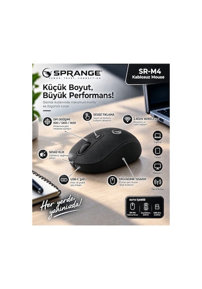 Sprange Sessiz Tık Şarj Edilebilir Kablosuz Mouse - Bluetooth 5.4 & 2.4ghz Çift Modlu Mouse Sr-m4 Siyah