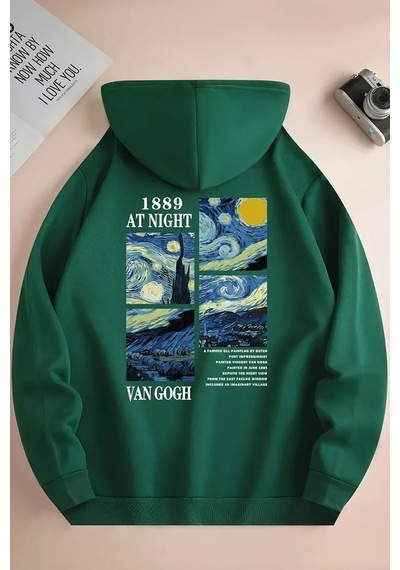Vangogh Baskılı Oversize Sweatshirt Yeşil