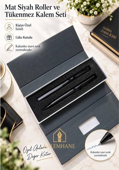 Mat Siyah Kutulu Roller Ve Tükenmez Kalem Seti