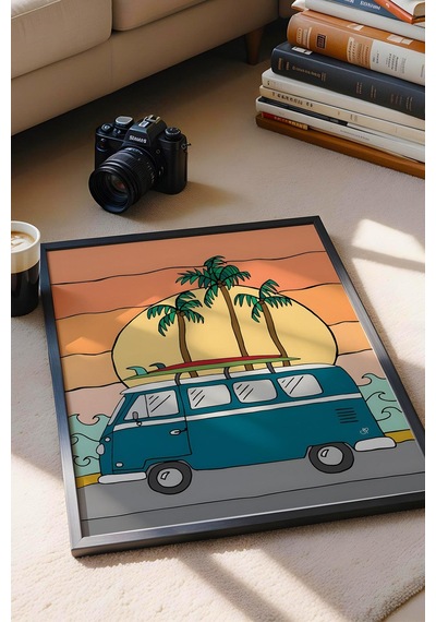 Volkswagen Minibüs İle Plaja Yolculuk Çerçeveli Tablo - Pop Art Poster Tablo