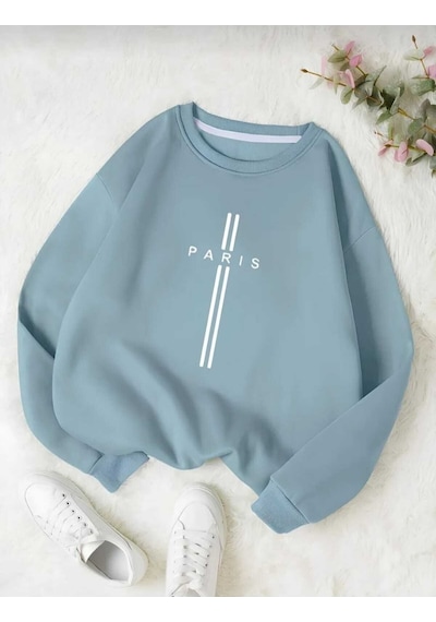 Kozia Outdoors Paris Dikey Baskılı Oversize Unisex O Yaka Sweaşhirt Mavi Mavi