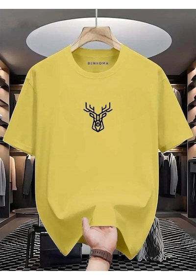 Geyik Baskılı Oversize Tişört Sari