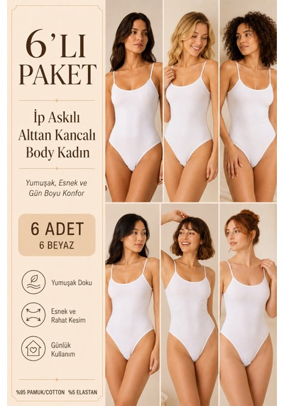 Loule Kadın 6'lı %95 Pamuklu İnce Askılı Alttan Kancalı Body Beyaz