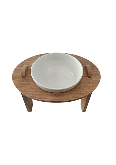 Ahşap Kedi Su & Mama Kabı - Tekli Oval Model - Eğimli - Kırılmaz Melamin Kase - 1 400ml