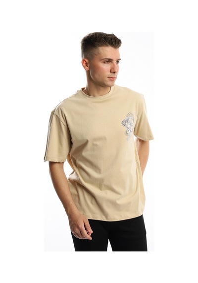 Erkek Oversize Fit Ön Arka Baskılı Basic Tişört Bej