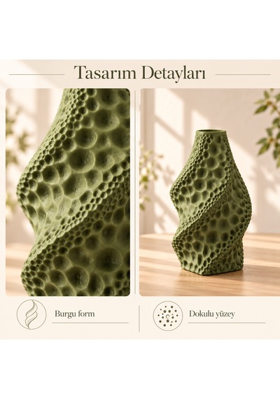 Dekoratif Vazo Burgu Formlu Taş Dokulu Modern Kuru Çiçeklik Yeşil