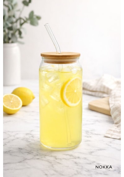 Bambu Kapaklı Pipetli Borosilikat Bardak, Kahve Bardağı, Isı Dayanıklı Bardak, 600 Ml Renksiz