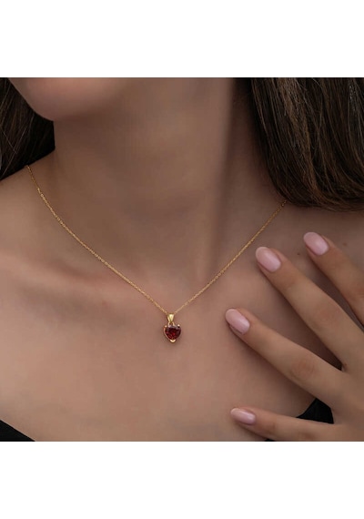 925 Ayar Gümüş Gold Kırmızı Taşlı Kalpli Kadın Kolye