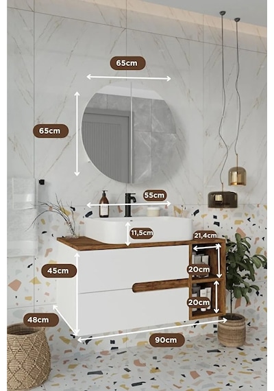 Koza Beyaz 90 Cm %100 Mdf Lavabolu Banyo Dolabı Ayna Lavabo Beyaz