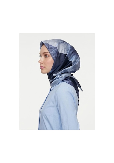 Bushu Çiçek Ve Desenli Twill Eşarp Lacivert Sevgi