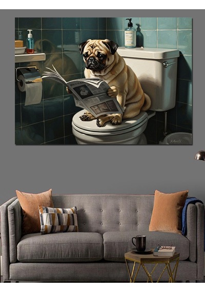 Ahşap Tablo Gazete Okuyan Komik Pug Köpek
