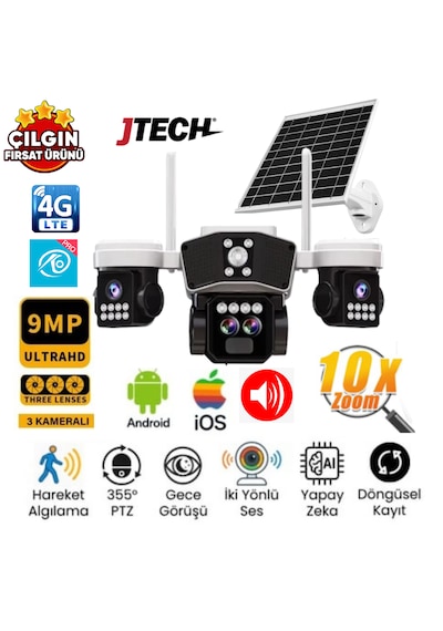 O-kam 9095 3mp+3mp+3mp 9mp 4g Sim Kartlı Solar Panelli 10x Optik Zoom 3 Lens Alert Ptz