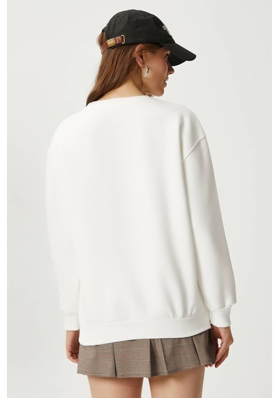 Kadın Marais Ekru Kırmızı Nakışlı Oversize Sweatshirt Ekru