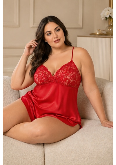 Loule Büyük Beden Kırmızı Çapraz Askılı Dantelli Şortlu Pijama