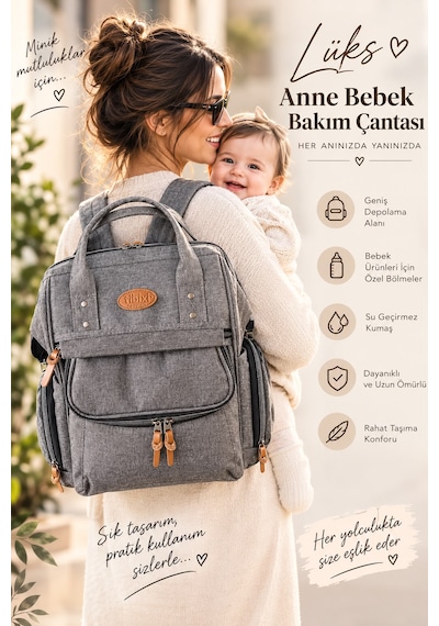 Bcburkay Çanta Anne Bebek Bakım Çantası Siyah Gri