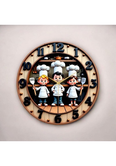 AA Shop Çocuk Aşçılar Kabartma Görünümlü Renkli Baskı Desenli Sayılı Hediyelik Ahşap Sessiz Duvar Saati 50cm ÇOk Renkli