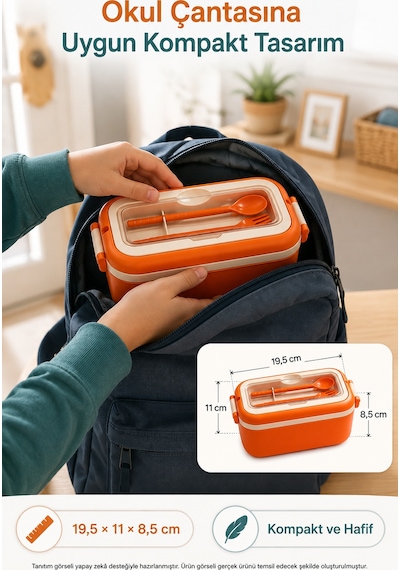 Turuncu 3 Bölmeli Çocuk Beslenme Kutusu Kaşık Çatal Dahil Kilitli Kapaklı Taşıma Saplı Lunch Box Diğer
