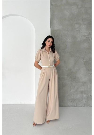 Neşeli Butik Kadın Bej Gömlek Yaka Kemerli Geniş Paça Tulum Nbk4197