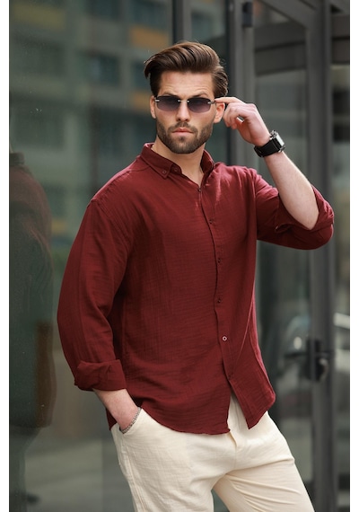 Madmext Bordo Basic %100 Pamuklu Uzun Kollu Erkek Gömlek E6761 Bordo
