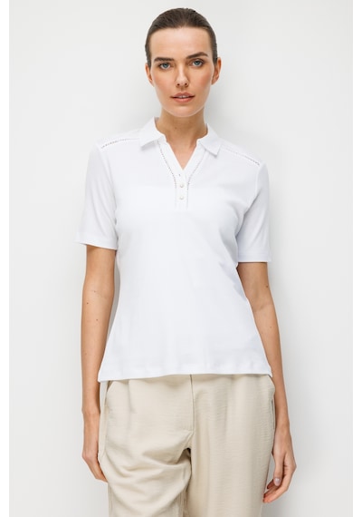 Kadın Polo Yaka İğne İşlemeli Pamuklu Penye T-shirt Ekru Ekru