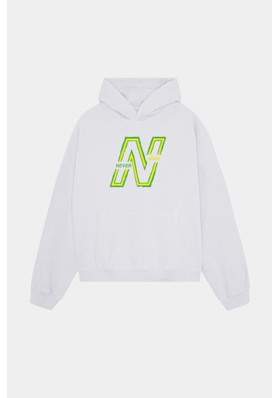 Unisex Kapüşonlu Sweatshirt - Neon Yeşil Baskılı Oversize Hoodie Beyaz