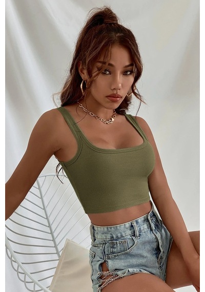 Moda Dua Kadın Haki Yeşili Kalın Askılı Crop Top Büstiyer