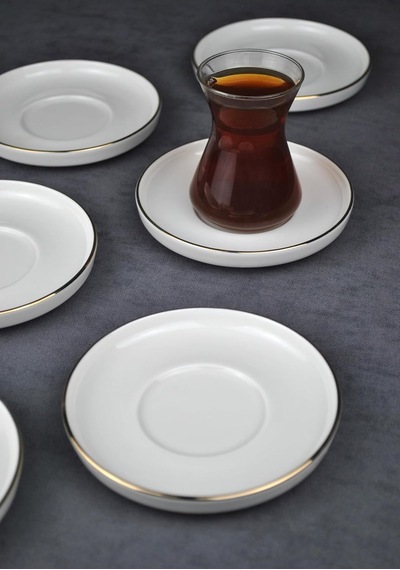 6 Kişilik Porselen Çay Tabağı Gold Yaldızlı 6 Adet Sade Modern Çay Tabak -çizgili Beyaz Yaldızlı