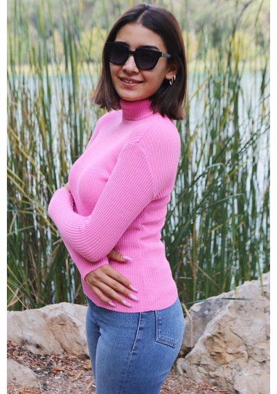 İpli Pembe Renk Balıkçı Yaka Parmak Detaylı Kadın Kazak Pembe