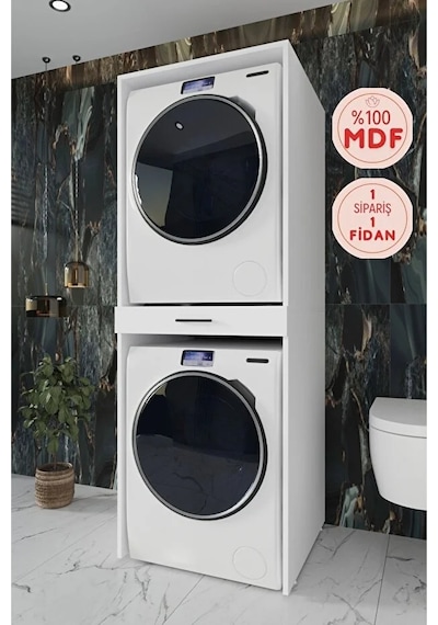 %100 Mdf Kurutmalı Çamaşir Makinesi Dolabi Beyaz Beyaz