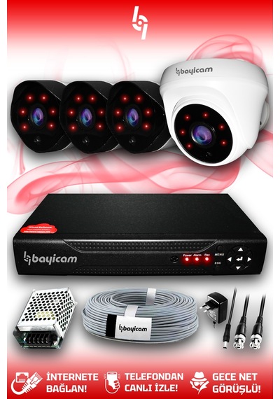 Bayicam 4 Kameralı Uzay 1 İç Kamera Set HDD'siz Full HD Gece Görüşlü Güvenlik Kamerası Sistemi