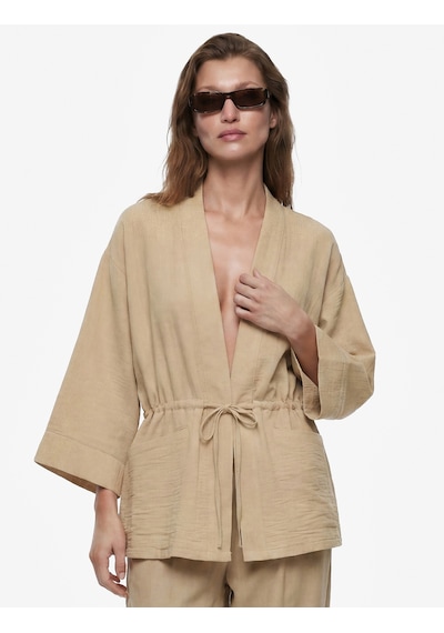 Koton Geniş Uzun Kollu Cepli Beli Bağcıklı Oversize Kimono Ceket Vizon 6sak50080pw