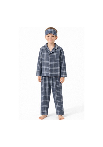 Beka Kids Erkek Çocuk Önden Düğmeli Kareli Pijama Takımı - Göz Bantlı Gri